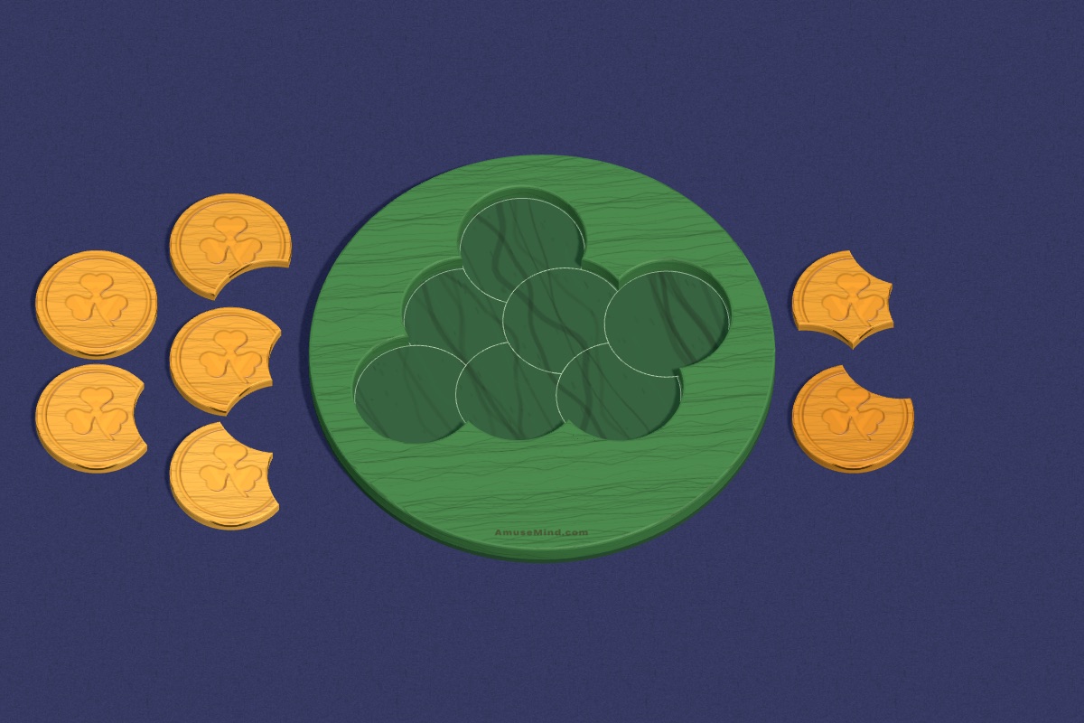 Lucky Coins: bitten clover coins beside a round tray