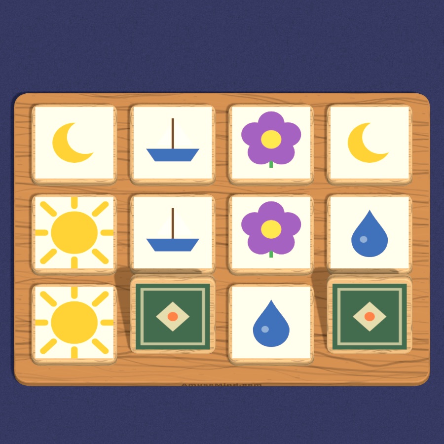 Memory Pairs: painted wooden tiles, some turned face up
