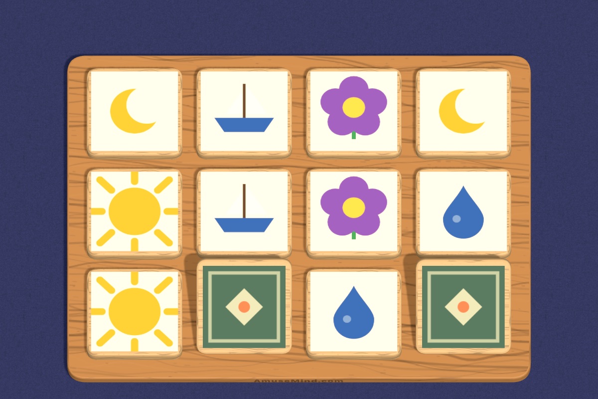 Memory Pairs: painted wooden tiles, some turned face up