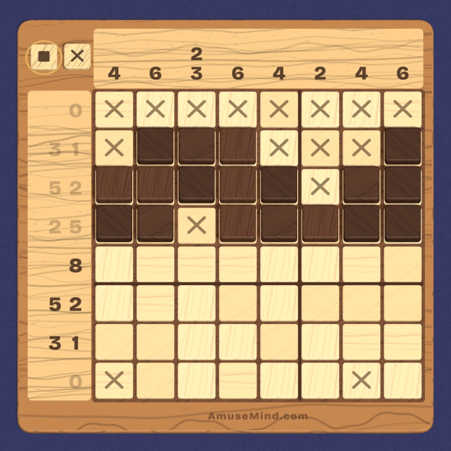 Nonogram: a grid of wooden squares with number clues