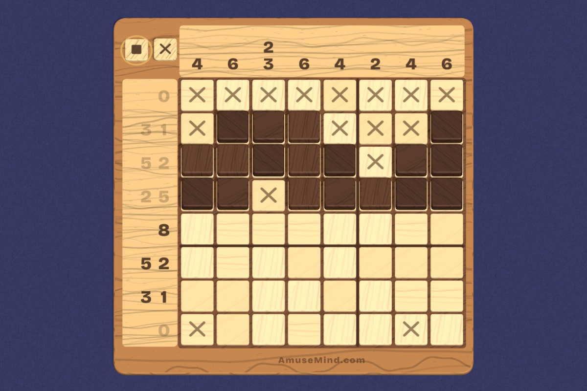 Nonogram: a grid of wooden squares with number clues