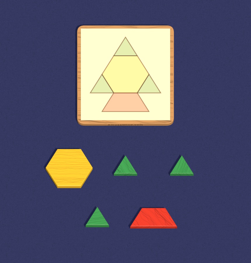 Pattern Blocks: hexagons, trapezoids, diamonds and triangles beside a picture tray