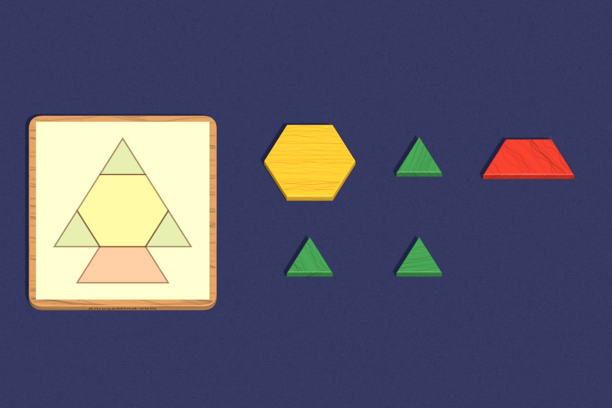 Pattern Blocks: hexagons, trapezoids, diamonds and triangles beside a picture tray