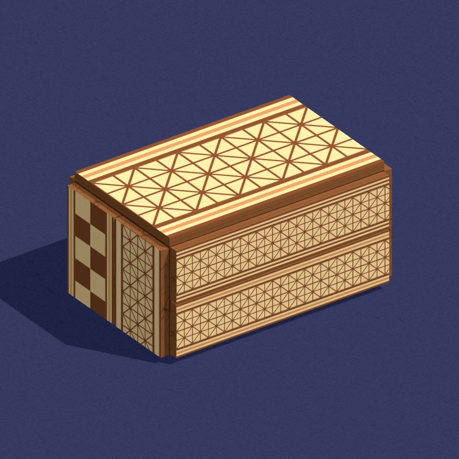 Puzzle Box: a Japanese secret box with wood mosaic panels