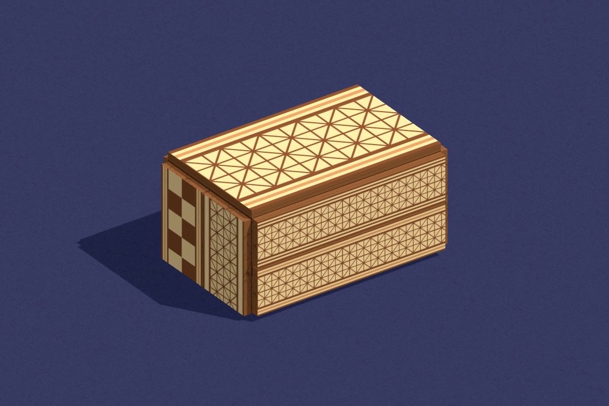 Puzzle Box: a Japanese secret box with wood mosaic panels