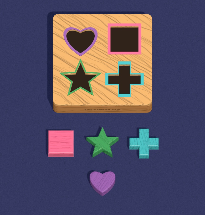 Shape Sorter: a wooden box with shaped holes and painted shapes beside it