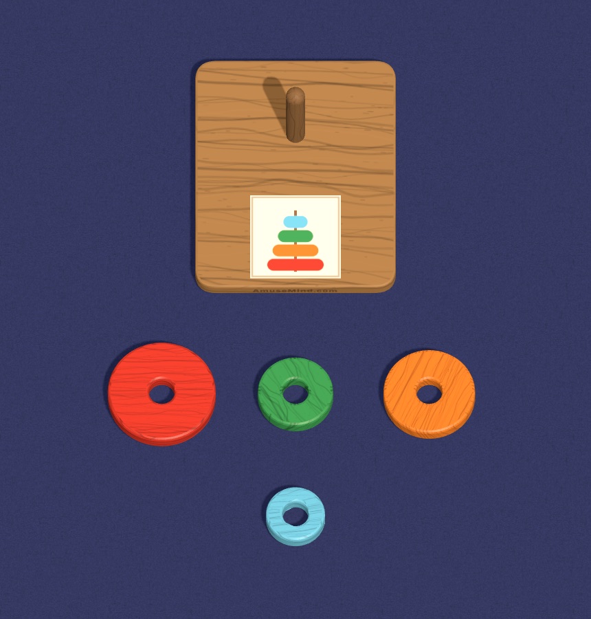 Stacking Rings: painted wooden rings beside pegs with picture cards