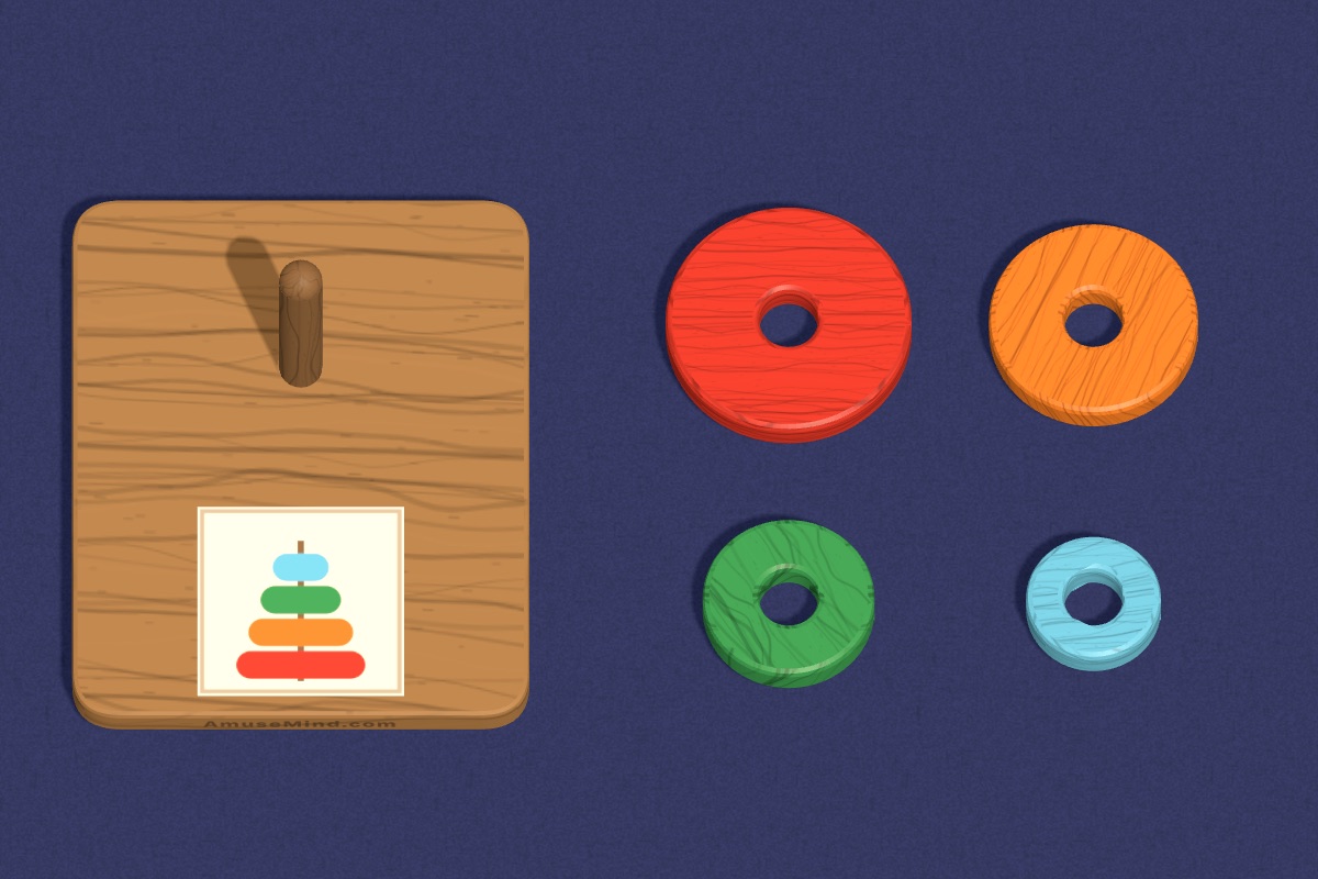 Stacking Rings: painted wooden rings beside pegs with picture cards