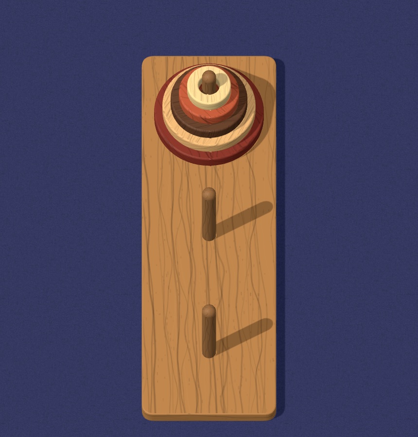 Tower of Hanoi: wooden rings stacked on the first of three pegs