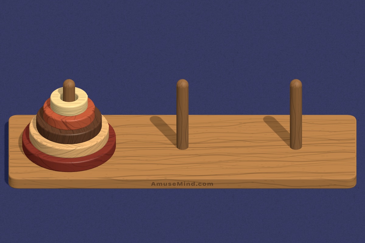Tower of Hanoi: wooden rings stacked on the first of three pegs